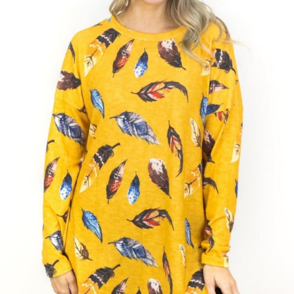 Mustard Yellow Fleece Feather Top from Filly Flair